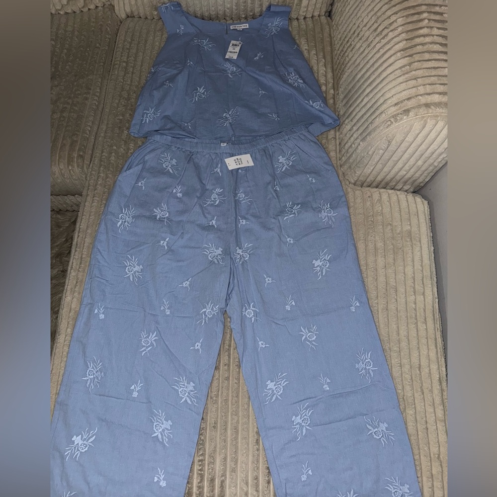 Blue Floral Embroidered Pajama Set